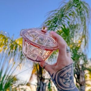 Vintage Pink Depression Glass lidded candy dish